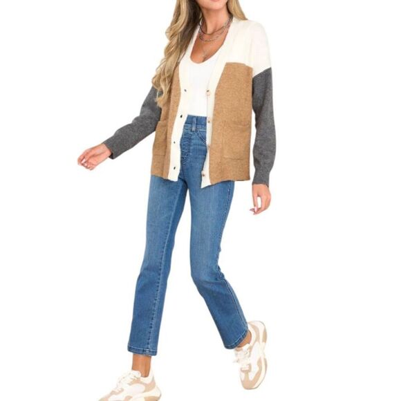 RED DRESS BOUTIQUE COZY COFFEE SHOP CARDIGAN GRAY, TAN, & CREAM SZ.M EUC.  WORN - Picture 2 of 8